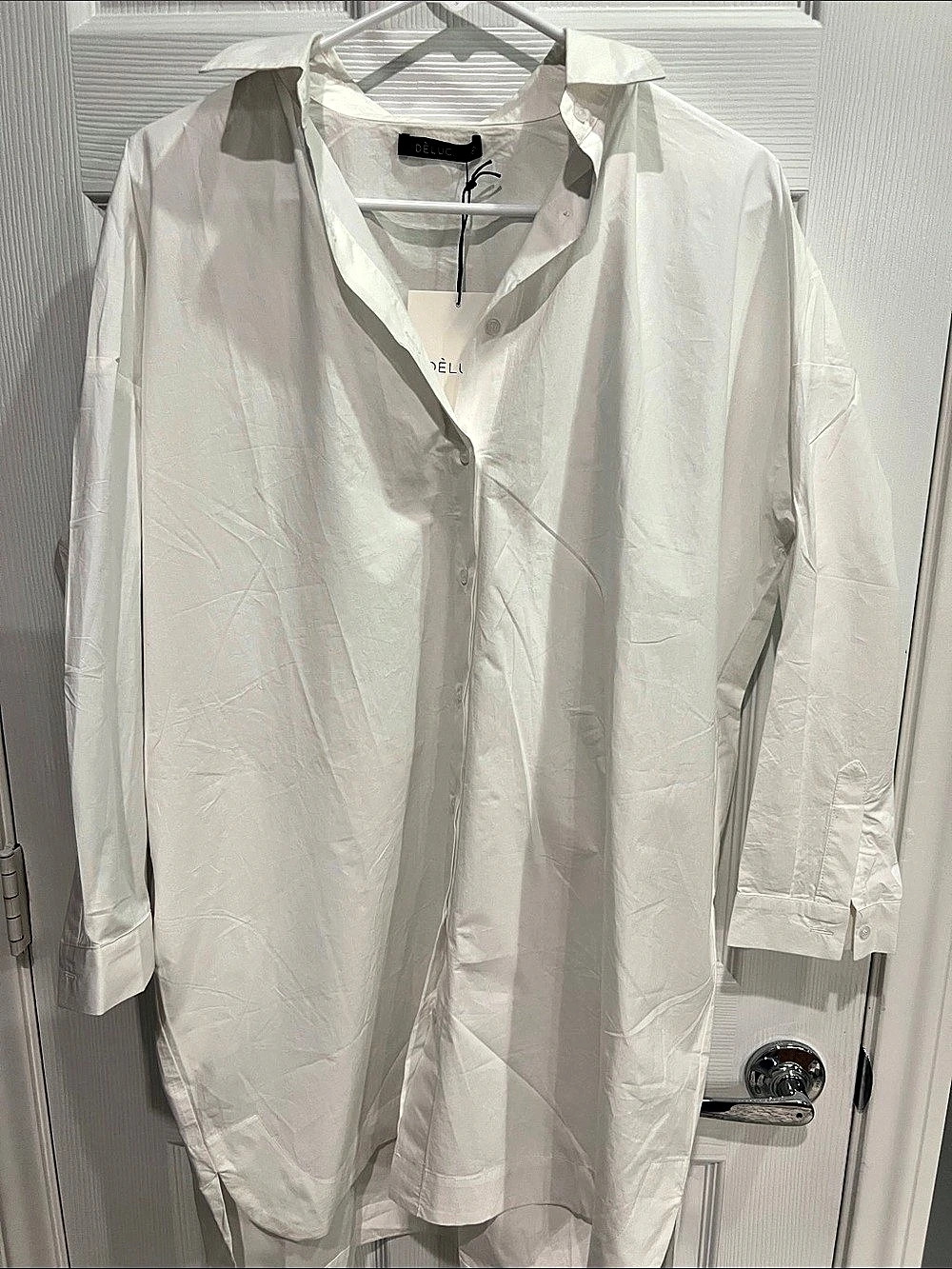 DÉLUC. White Button Down Shirt dress Size Medium NWT